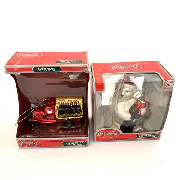 2 Coca-Cola Hand Blown Glass Ornaments Delivery Truck & Polar Bear w/Boxes Vtg - Picture 1 of 7